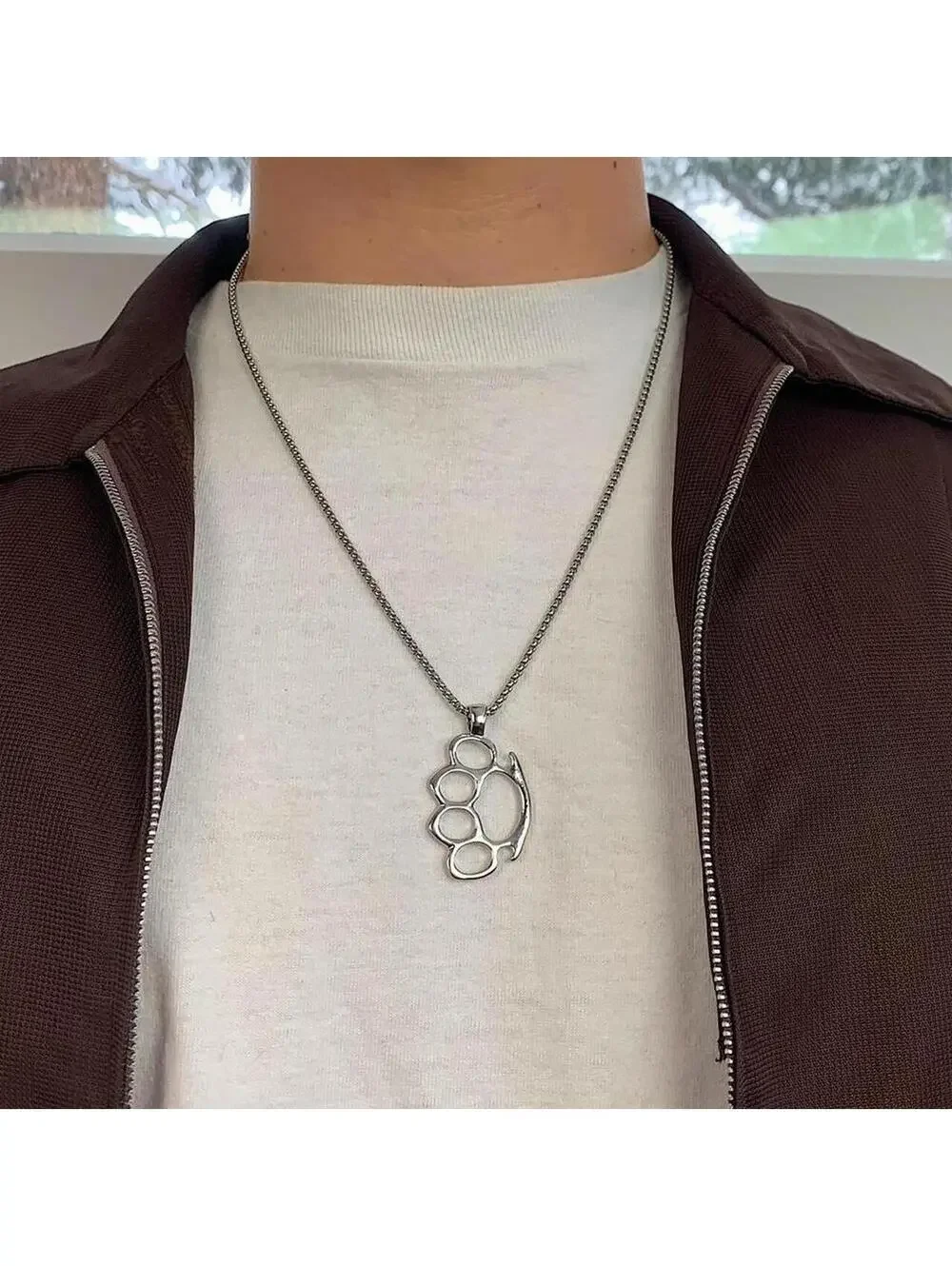 Cyber Grunge y2k Brass Knuckle Stainless Steel Silver Necklace. Chain is